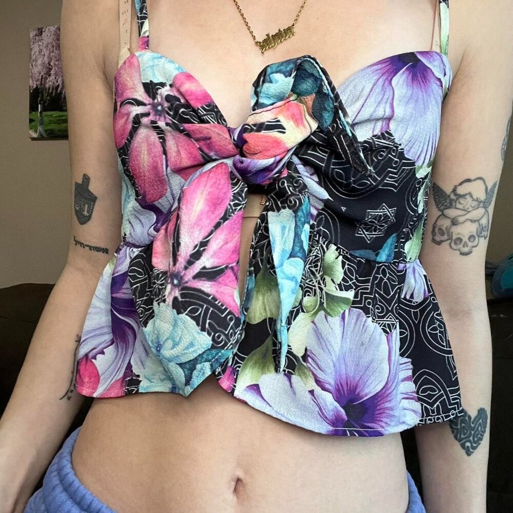 floral babydoll cropped top with tie front